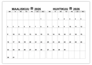 Kalenteri maaliskuu, huhtikuu 2026 Kalenteri Maaliskuu Huhtikuu 2026