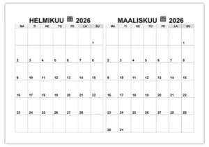 Kalenteri helmikuu, maaliskuu 2026 Kalenteri helmikuu maaliskuu 2026