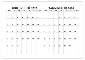 Kalenteri joulukuu 2025, tammikuu 2026 Kalenteri joulukuu 2025 tammikuu 2026