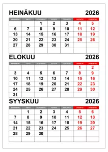 Kalenteri heinäkuu, elokuu, syyskuu 2026