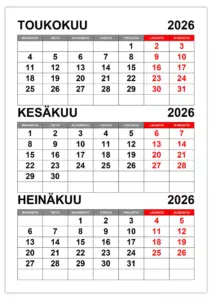 Kalenteri toukokuu, kesäkuu, heinäkuu 2026