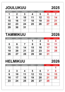 Kalenteri joulukuu 2025 ja tammikuu, helmikuu 2026 Kalenteri joulukuu 2025 ja tammikuu, helmikuu 2026