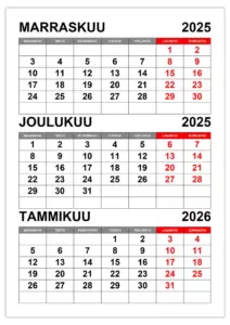 Kalenteri marraskuu, joulukuu 2025 ja tammikuu 2026