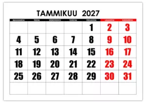 Tammikuun 2027 kalenteri suurilla numeroilla
