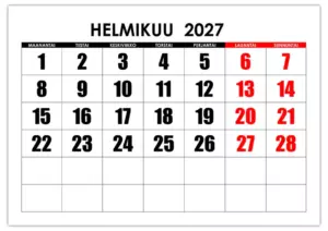 Helmikuun 2027 kalenteri isoilla numeroilla