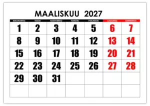 Maaliskuun 2027 kalenteri isoilla numeroilla
