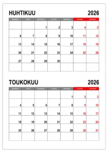 Tulostettava kalenteri huhti–toukokuu 2026