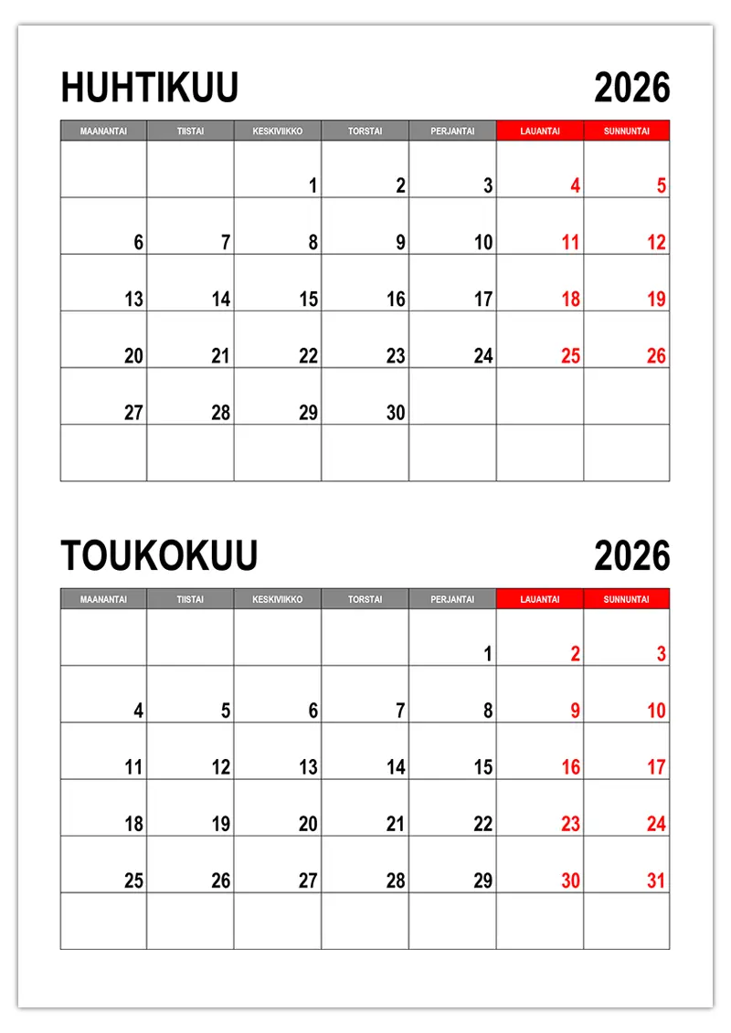 Tulostettava kalenteri huhti–toukokuu 2026