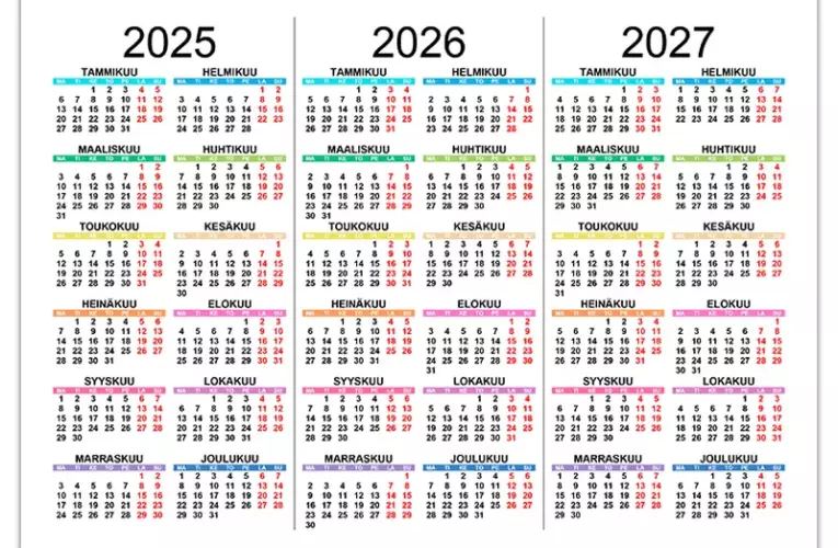Kalendarit vuosille 2025, 2026 ja 2027 – selkeä ja tulostettava A4‑malli