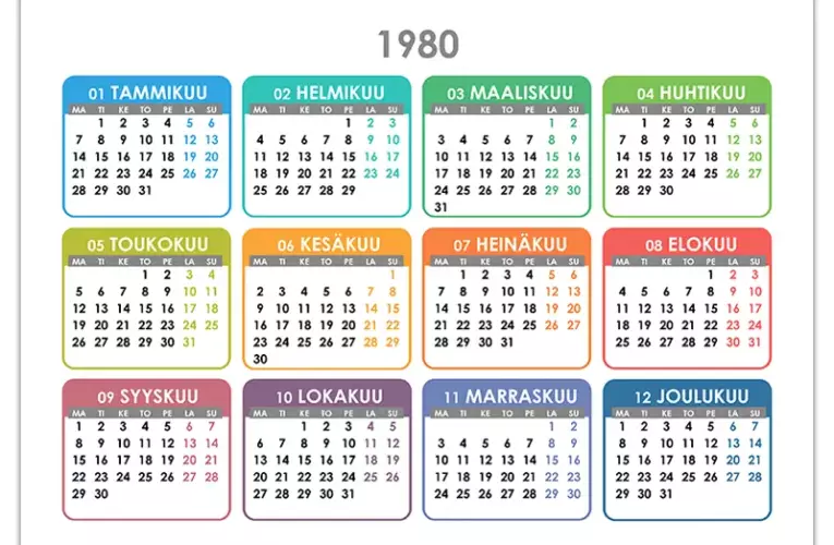Vuoden 1980 kalenteri – katso tai tulosta ilmaiseksi