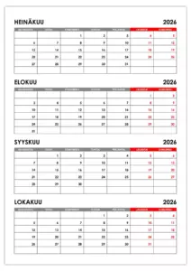 Kalenteri heinä-, elo-, syys- ja lokakuulle 2026