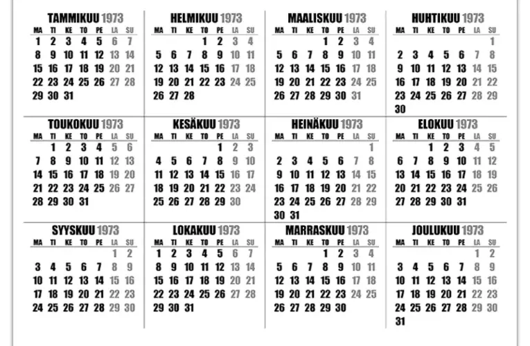 Vuoden 1973 kalenteri – ilmainen katselu ja tulostus