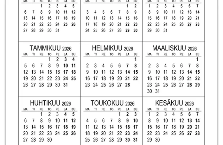 Tulostettava kalenteri elokuusta 2025 elokuuhun 2026