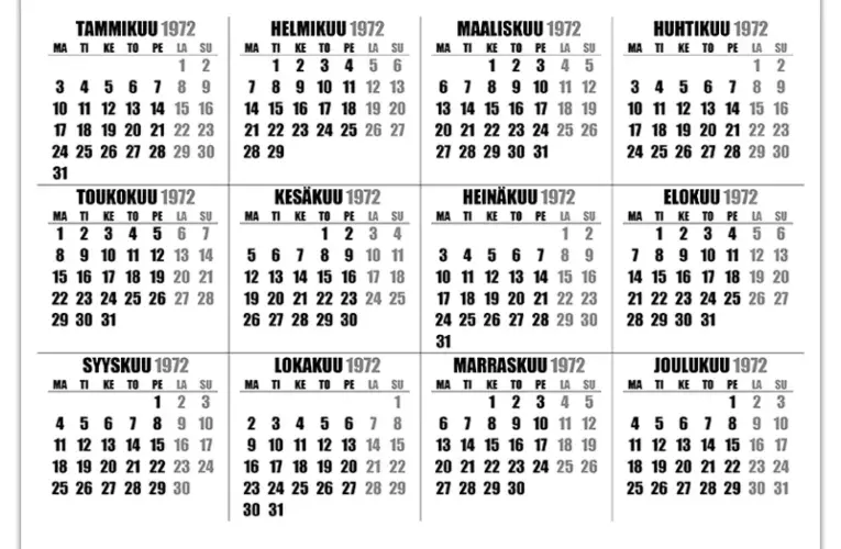 Vuoden 1972 kalenteri – ilmainen katselu ja tulostus